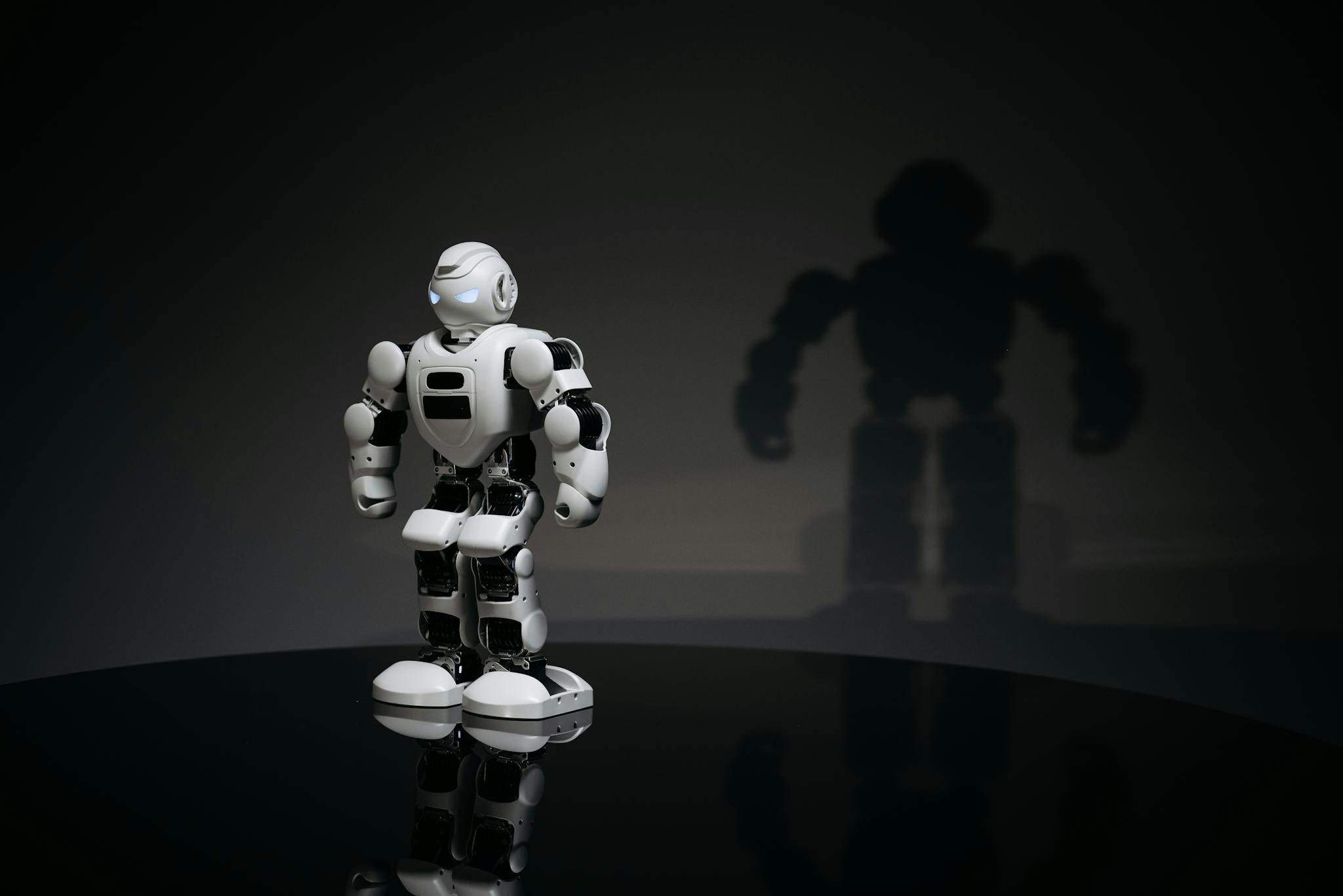 A white and black toy humanoid robot in a studio setting casting a shadow.